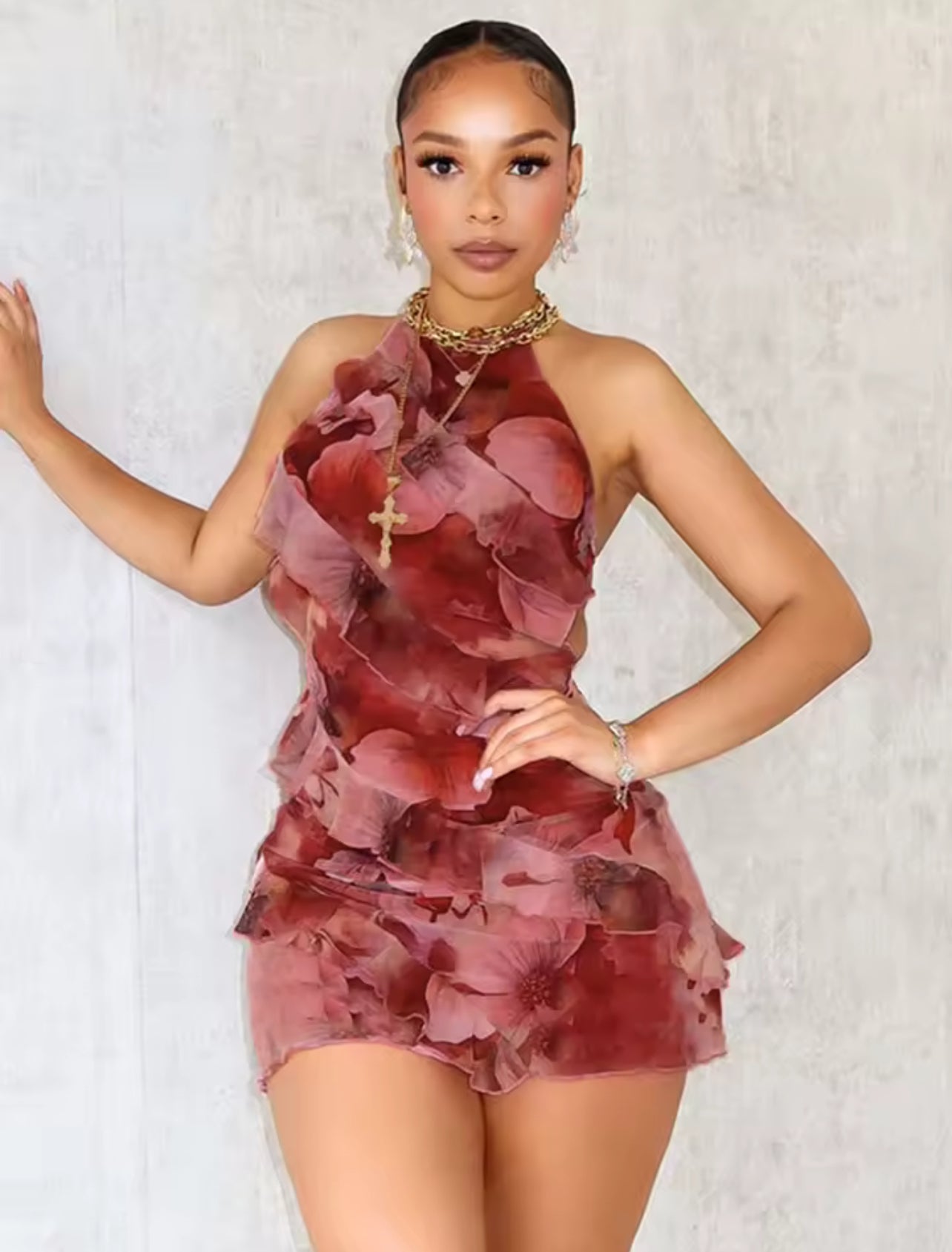 Robe Mini Florale 3D en Organza — Bordeaux Romantique (Copie)