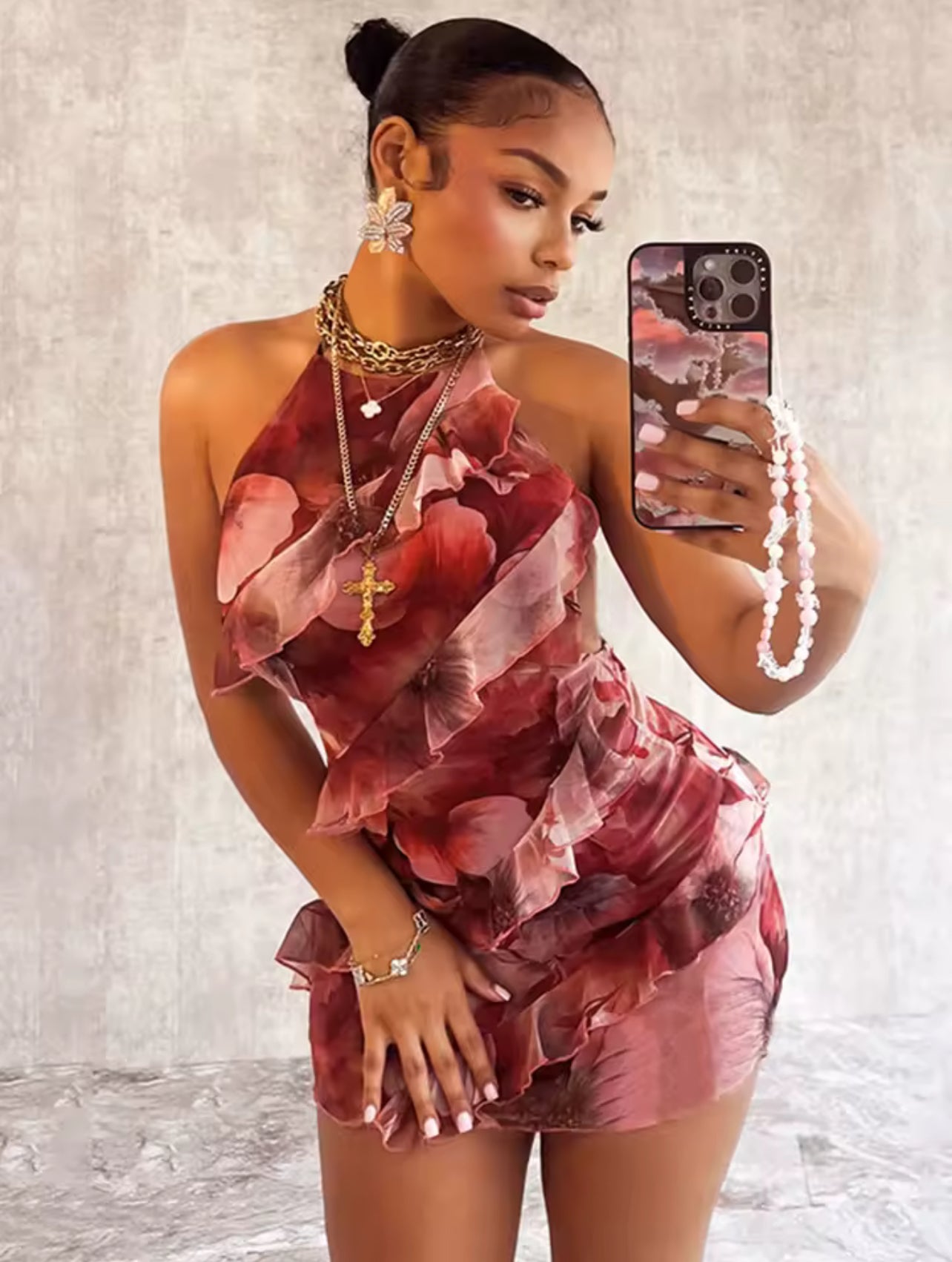 Robe Mini Florale 3D en Organza — Bordeaux Romantique (Copie)